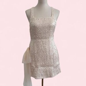 For Love & Lemons Cream Jacquard Mini Dress w/ Bow — Size XS